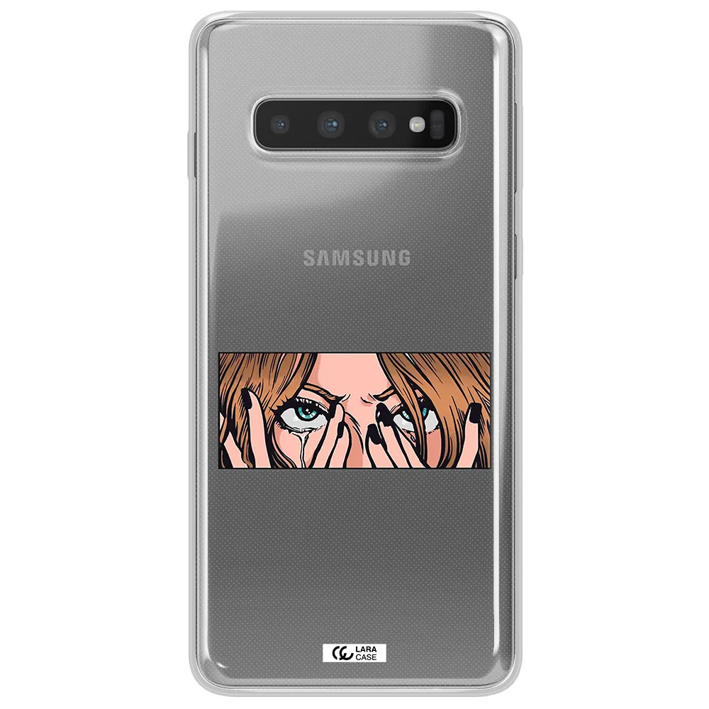 a cartoon of a woman holding her eyes Samsung S10 Clear TPU Case