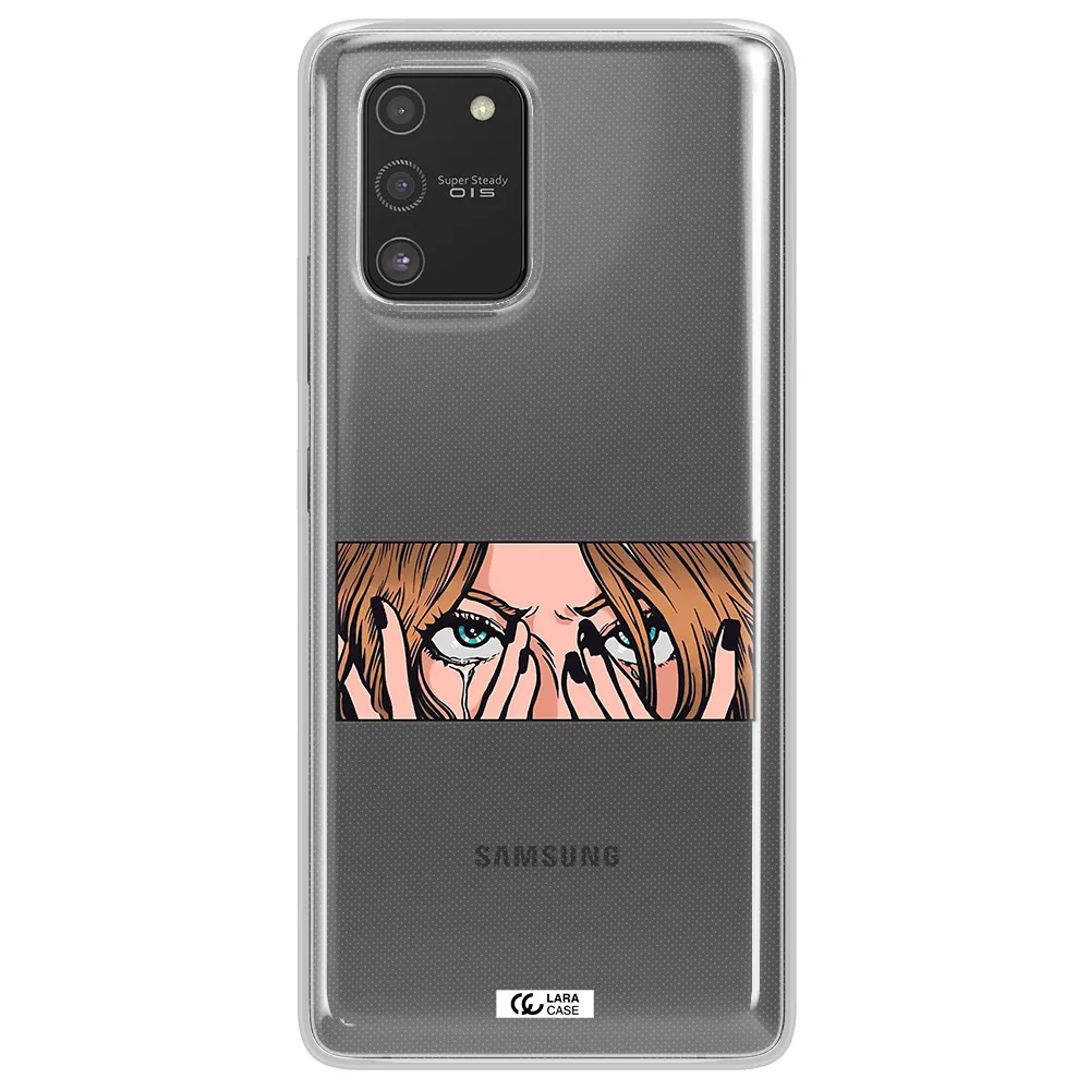 a cartoon of a woman holding her eyes Samsung S10 Lite Clear TPU Case