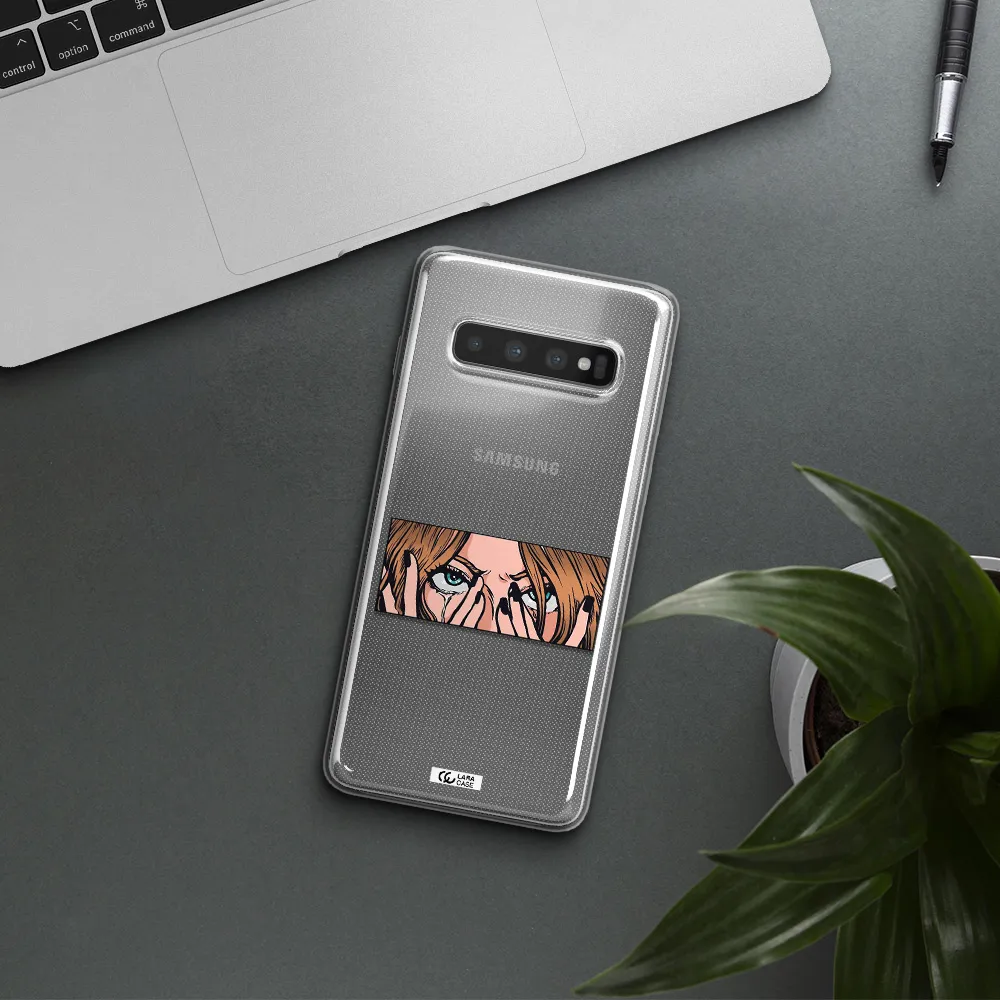 a cartoon of a woman holding her eyes Samsung S10 Plus Clear TPU Case
