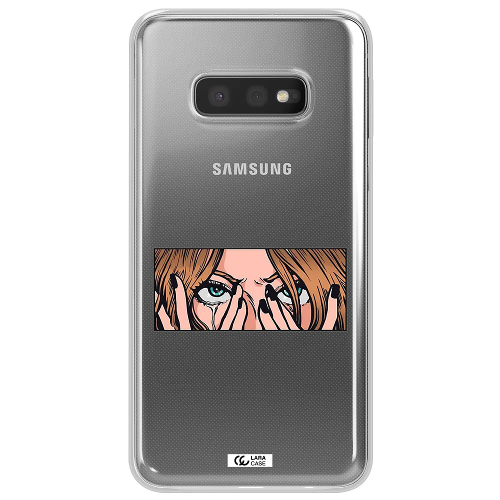 a cartoon of a woman holding her eyes Samsung S10e Clear TPU Case