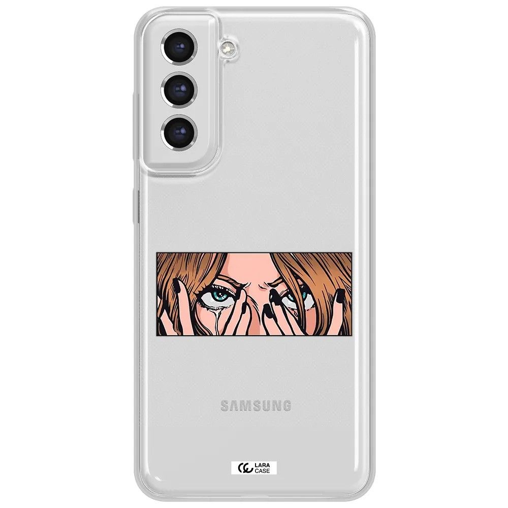 A Cartoon Of A Woman Holding Her Eyes Samsung S21 Fe Clear Tpu Case