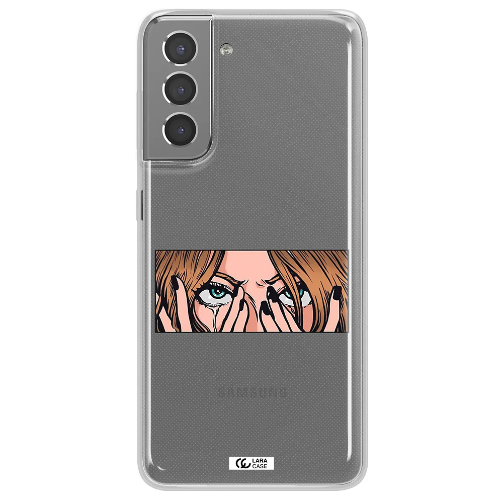 a cartoon of a woman holding her eyes Samsung S21 Plus Clear TPU Case