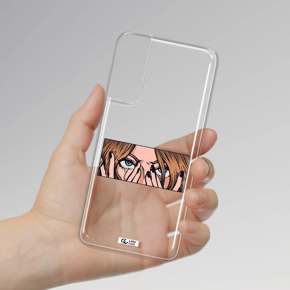 a cartoon of a woman holding her eyes Samsung S21 Plus Clear TPU Case