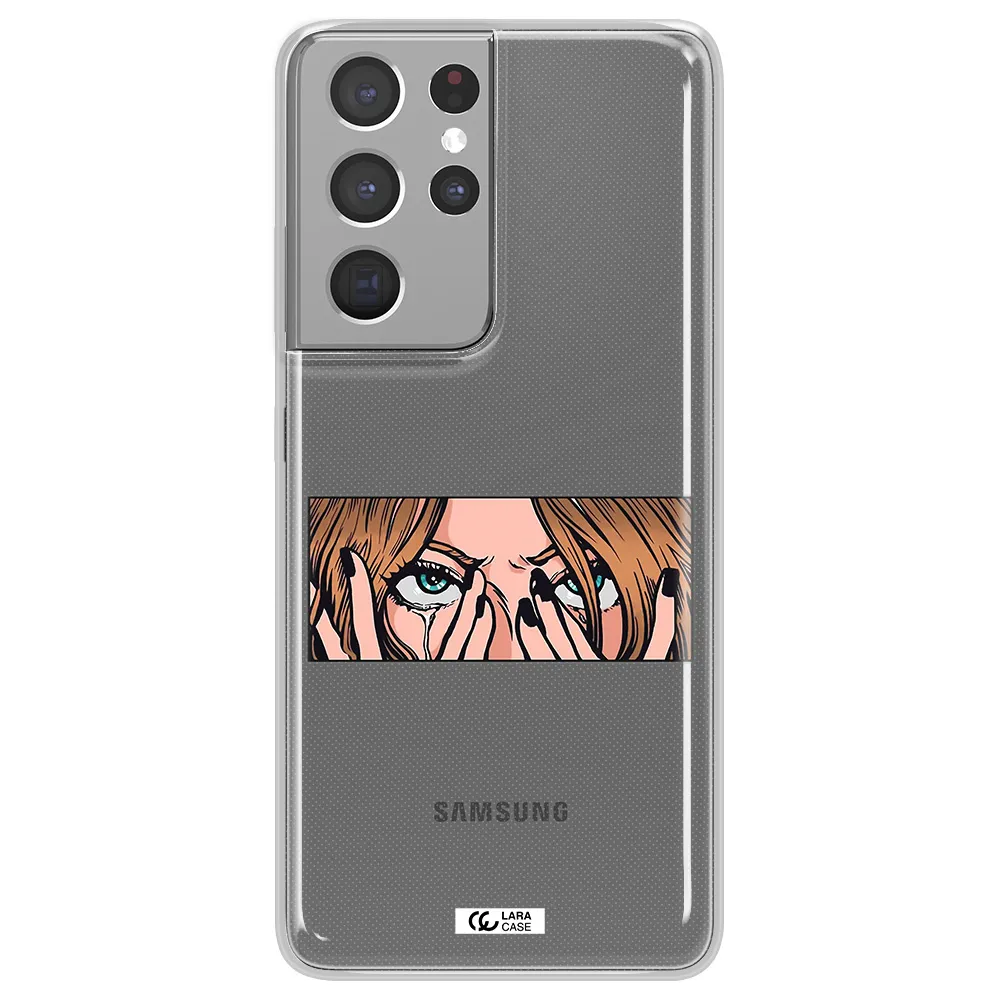 a cartoon of a woman holding her eyes Samsung S21 Ultra Clear TPU Case