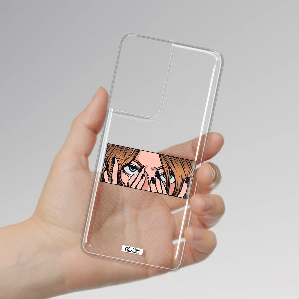 a cartoon of a woman holding her eyes Samsung S21 Ultra Clear TPU Case