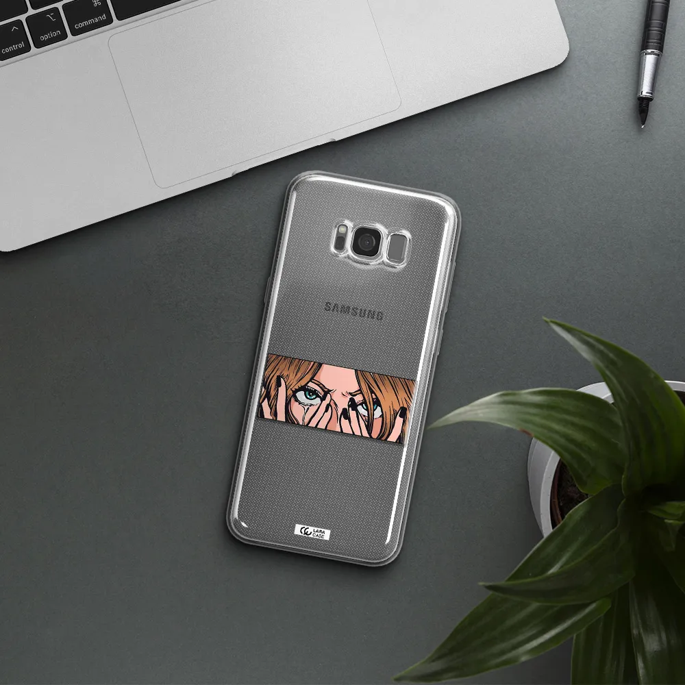 a cartoon of a woman holding her eyes Samsung S8 Clear TPU Case