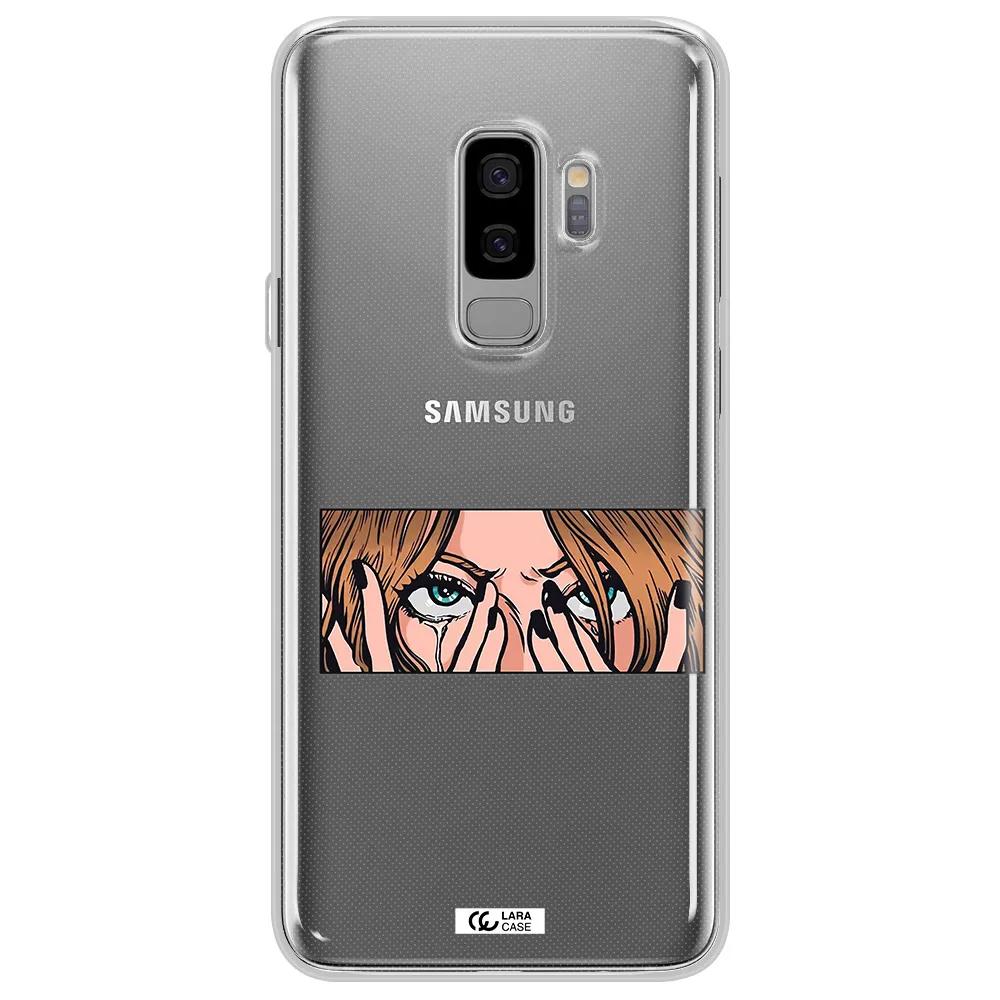 a cartoon of a woman holding her eyes Samsung S9 Plus Clear TPU Case