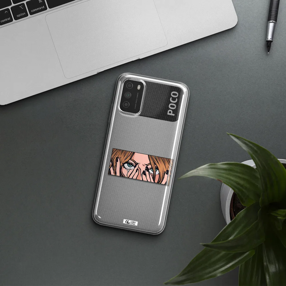 a cartoon of a woman holding her eyes Xiaomi Poco M3 Clear TPU Case