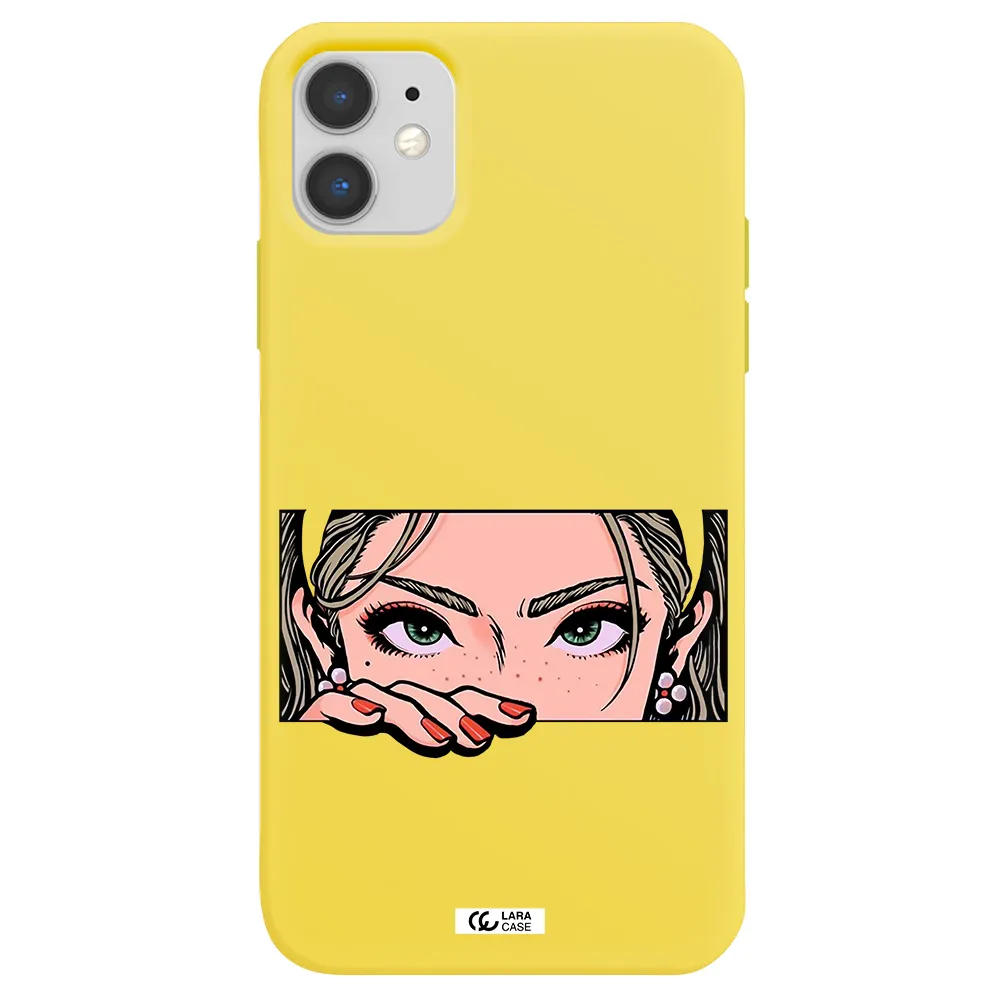 a cartoon of a woman's face Apple iPhone 11 Silicone canary yellow Case