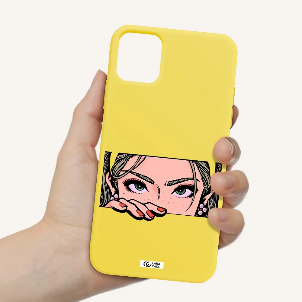 a cartoon of a woman's face Apple iPhone 11 Silicone canary yellow Case
