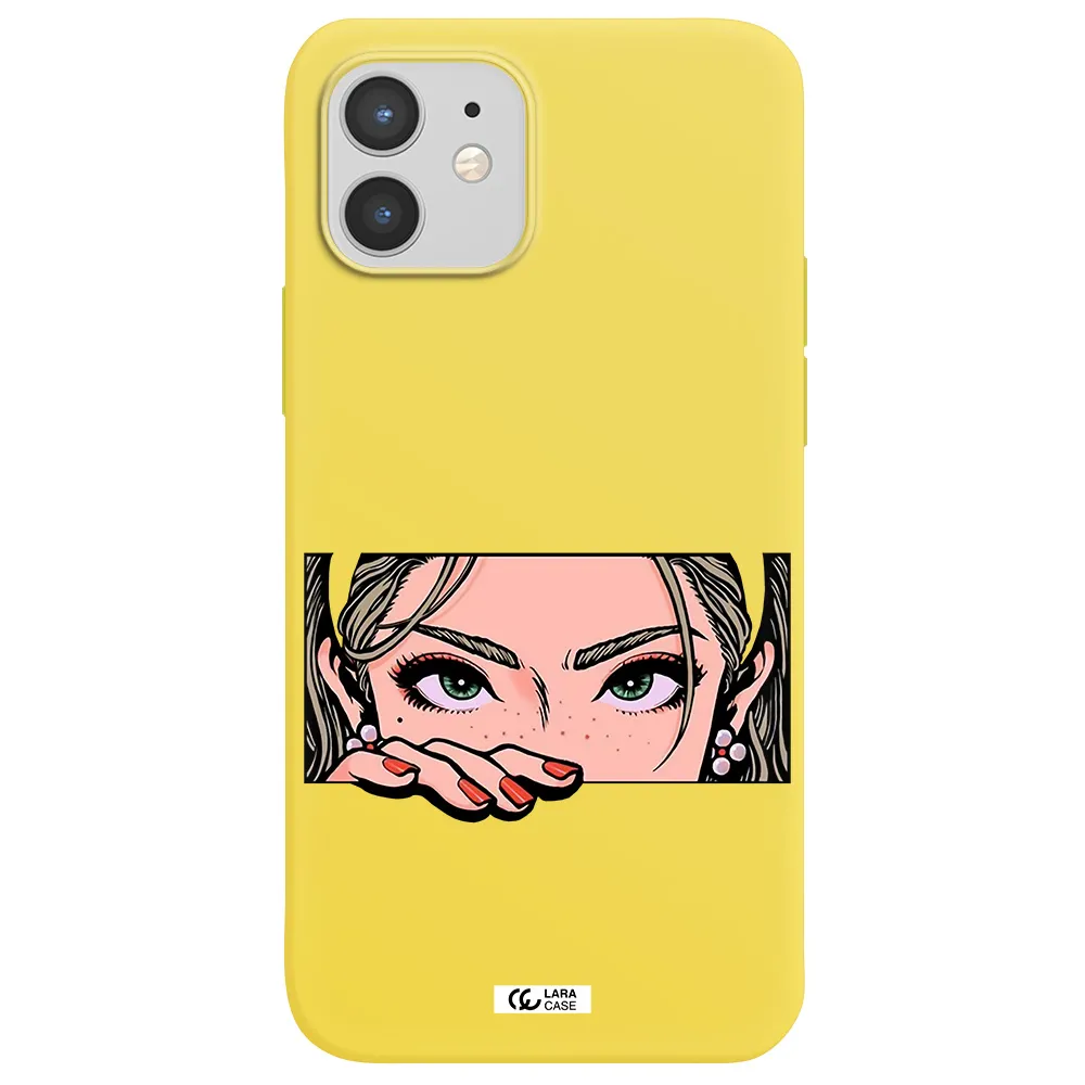 a cartoon of a woman's face Apple iPhone 12 mini Silicone canary yellow Case