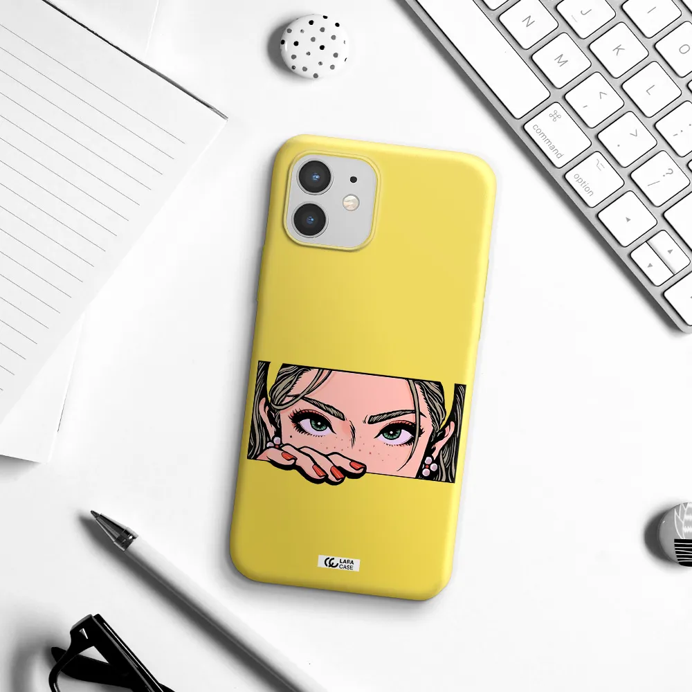 a cartoon of a woman's face Apple iPhone 12 Silicone canary yellow Case