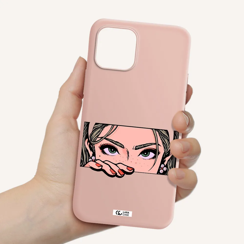 a cartoon of a woman's face Apple iPhone 12 Silicone pastel pink Case