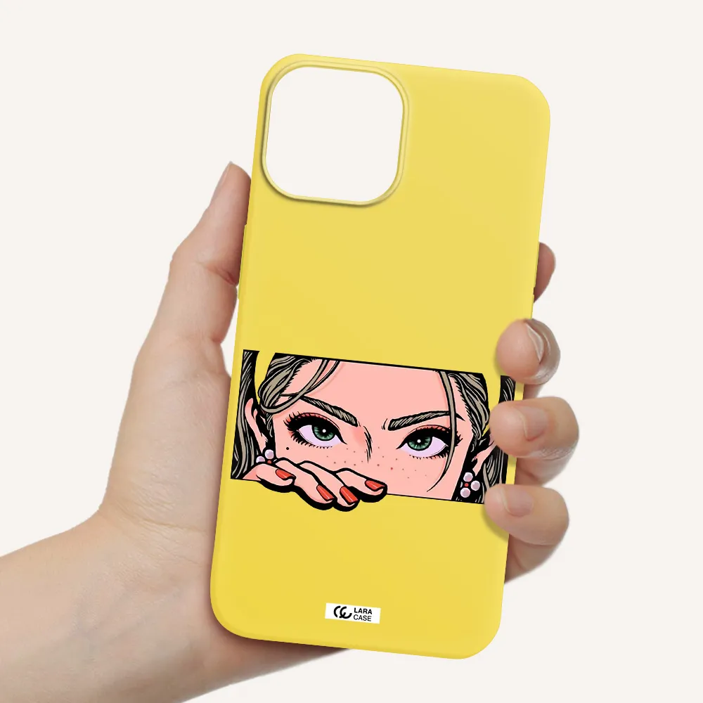 a cartoon of a woman's face Apple iPhone 13 mini Silicone canary yellow Case