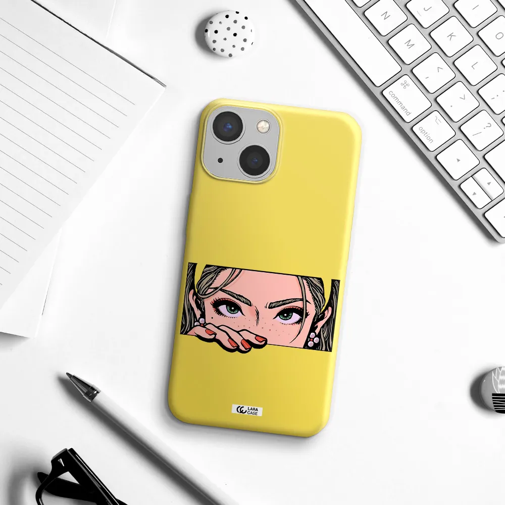 a cartoon of a woman's face Apple iPhone 13 mini Silicone canary yellow Case