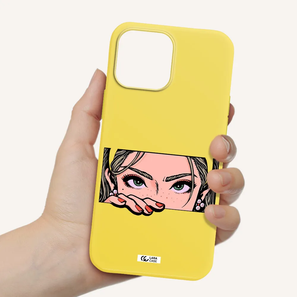 a cartoon of a woman's face Apple iPhone 13 Pro Max Silicone canary yellow Case