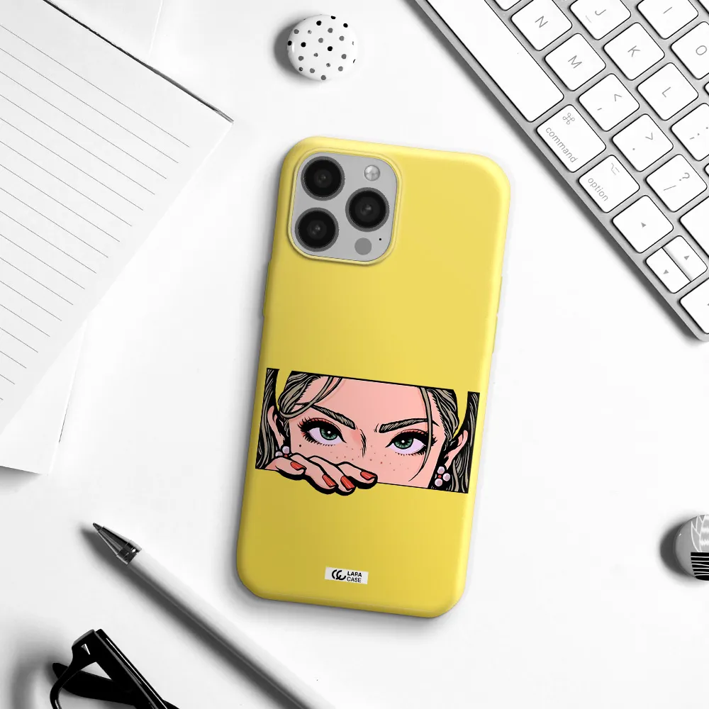a cartoon of a woman's face Apple iPhone 13 Pro Max Silicone canary yellow Case
