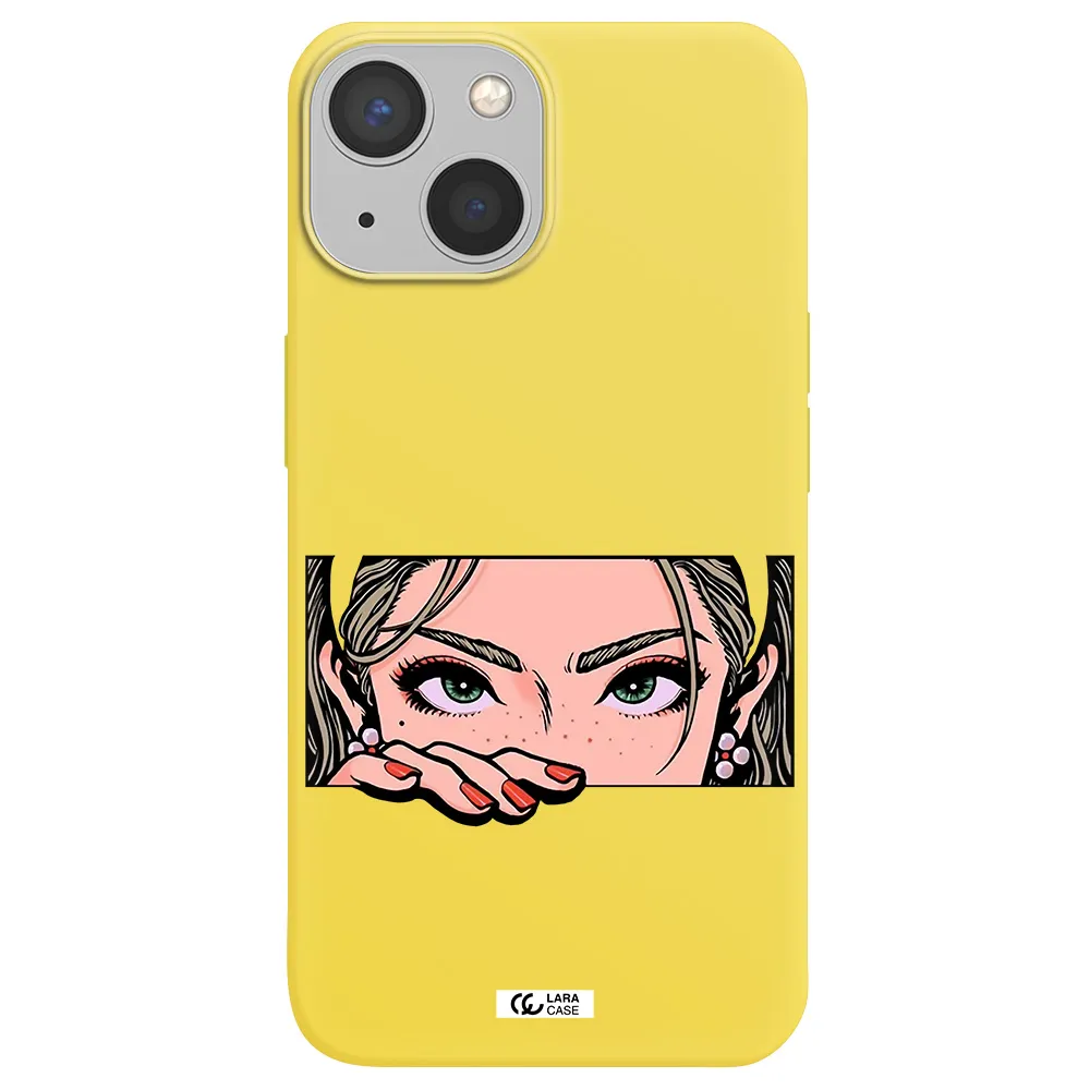 a cartoon of a woman's face Apple iPhone 13 Silicone canary yellow Case