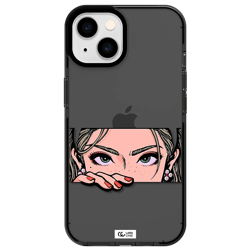 a cartoon of a woman's face Apple iPhone 14 impact Smoke Black Case