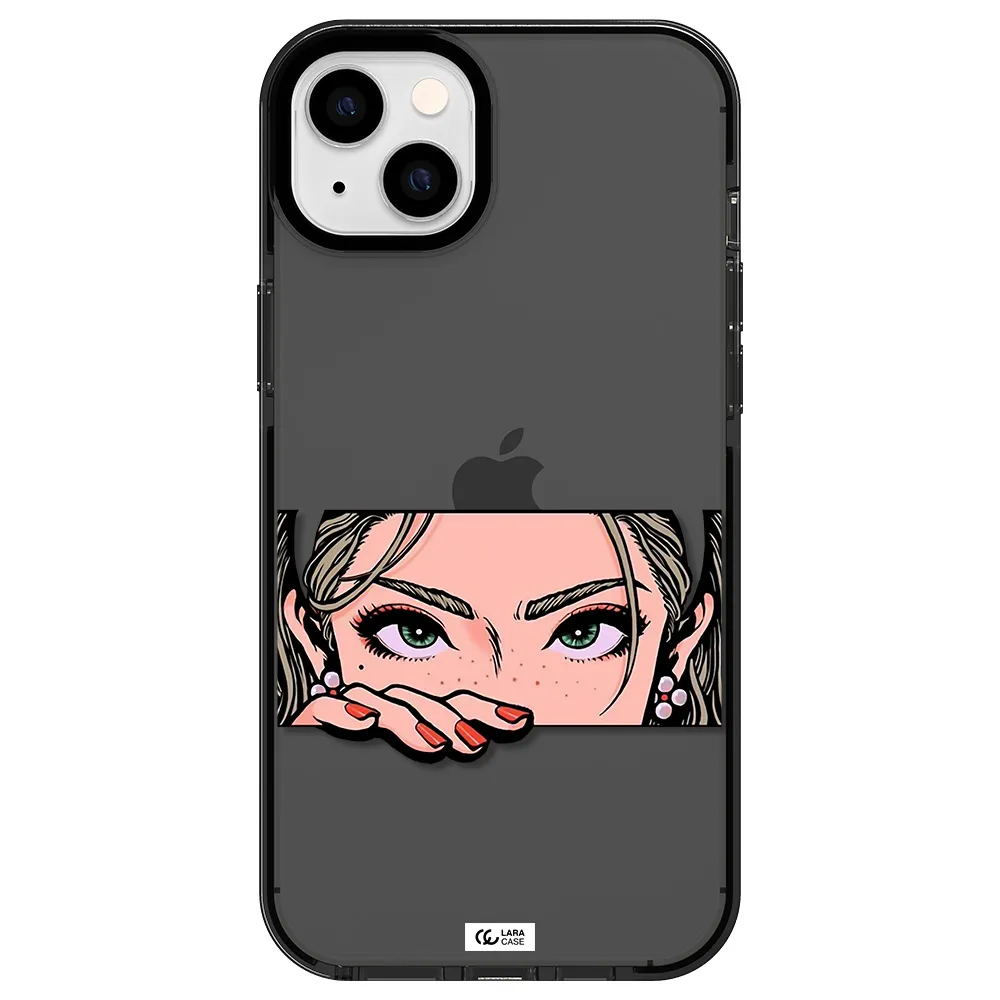a cartoon of a woman's face Apple iPhone 14 plus impact Smoke Black Case