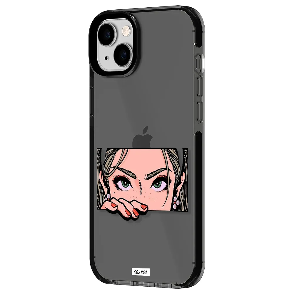 a cartoon of a woman's face Apple iPhone 14 plus impact Smoke Black Case