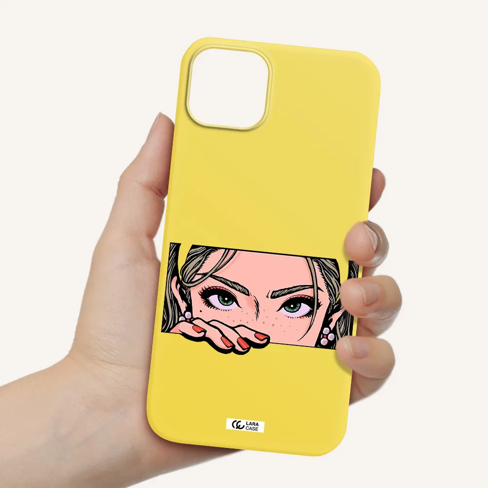 a cartoon of a woman's face Apple iPhone 14 plus Silicone canary yellow Case