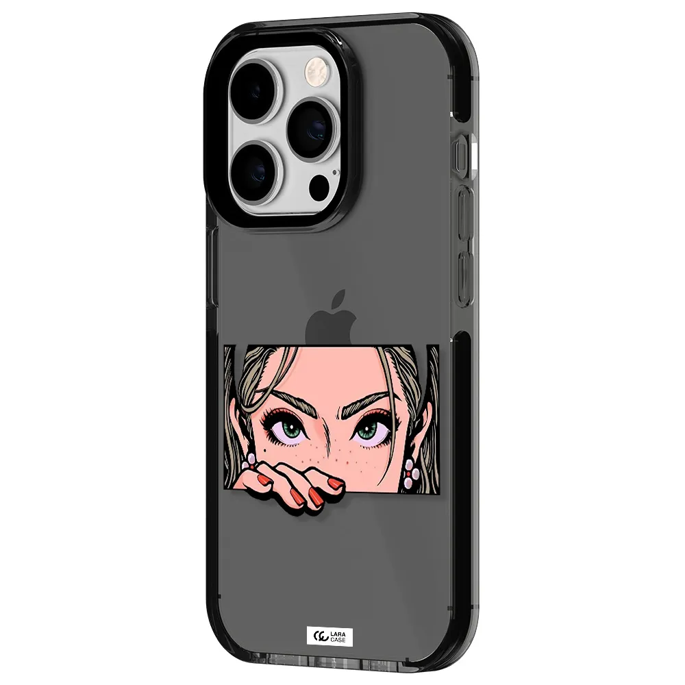 a cartoon of a woman's face Apple iPhone 14 pro impact Smoke Black Case