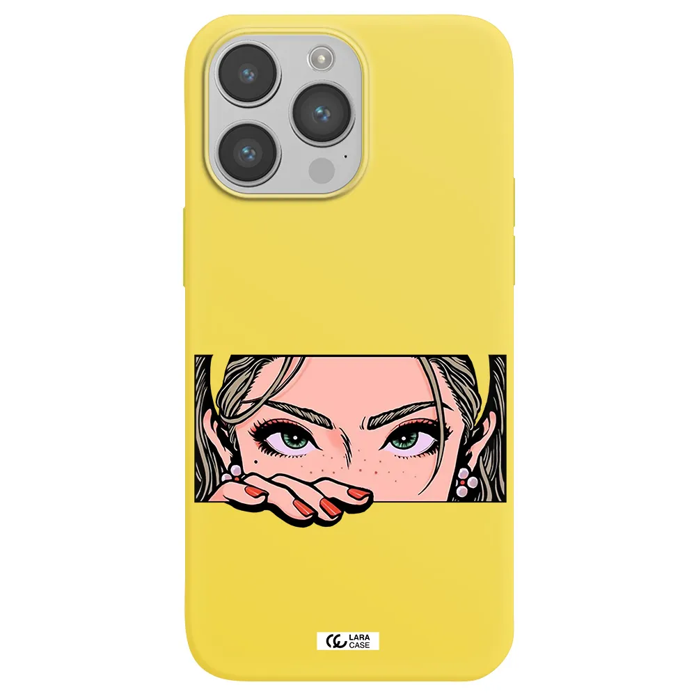 a cartoon of a woman's face Apple iPhone 14 pro max Silicone canary yellow Case