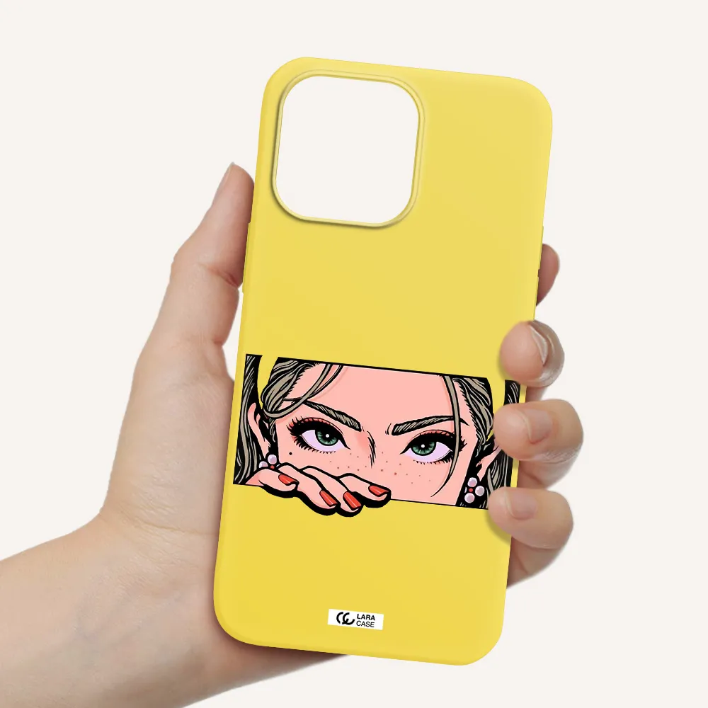 a cartoon of a woman's face Apple iPhone 14 pro max Silicone canary yellow Case