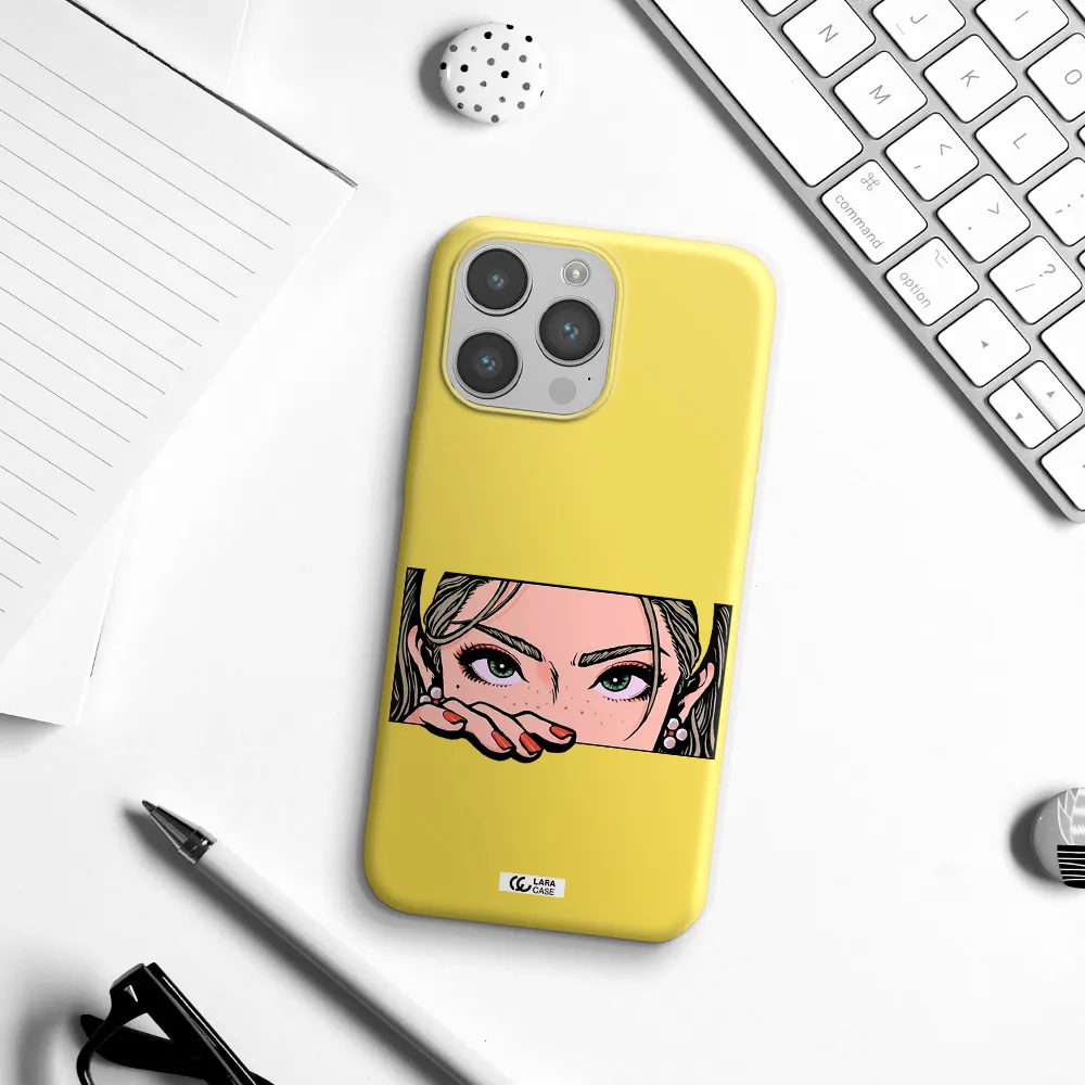 a cartoon of a woman's face Apple iPhone 14 pro max Silicone canary yellow Case
