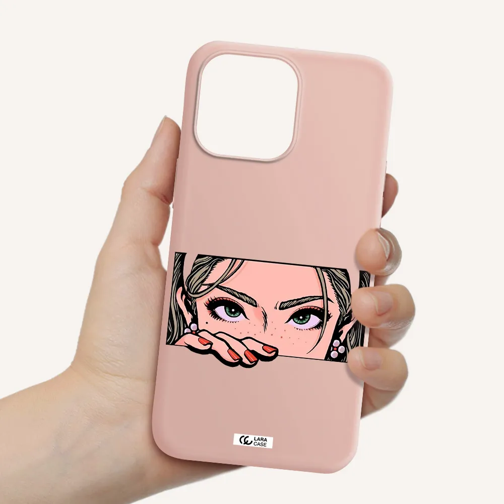 a cartoon of a woman's face Apple iPhone 14 pro max Silicone pastel pink Case