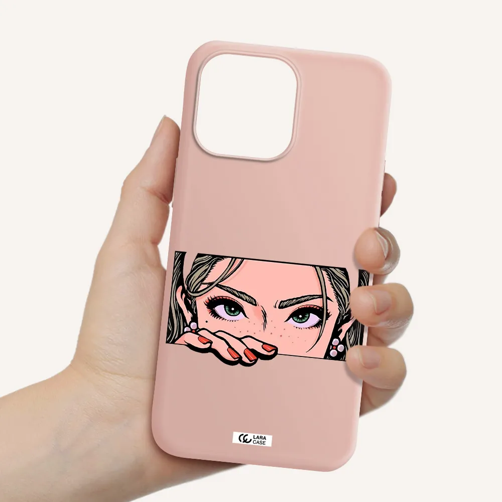 a cartoon of a woman's face Apple iPhone 14 pro Silicone pastel pink Case