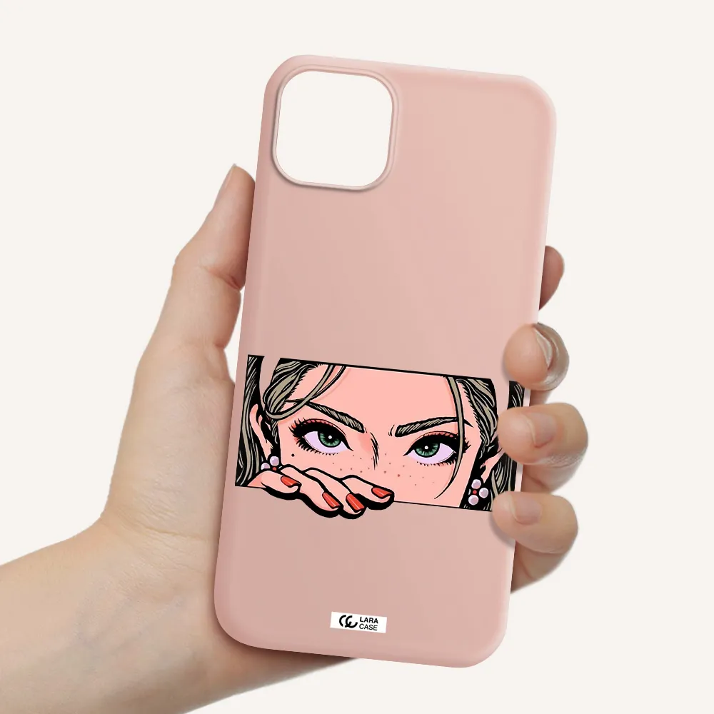 a cartoon of a woman's face Apple iPhone 14 Silicone pastel pink Case