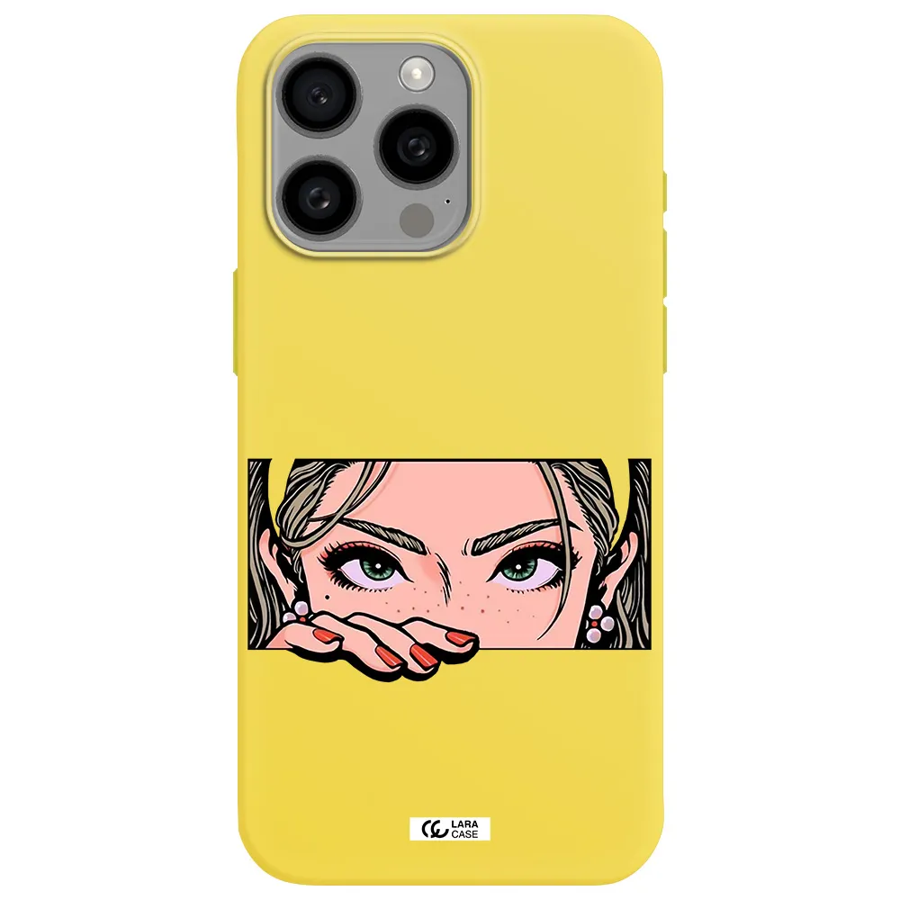 a cartoon of a woman's face Apple Iphone 15 Pro max Silicone canary yellow Case