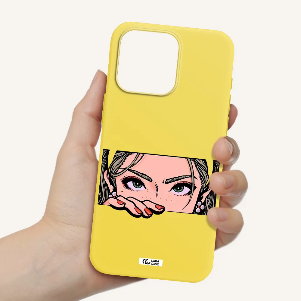 a cartoon of a woman's face Apple Iphone 15 Pro max Silicone canary yellow Case