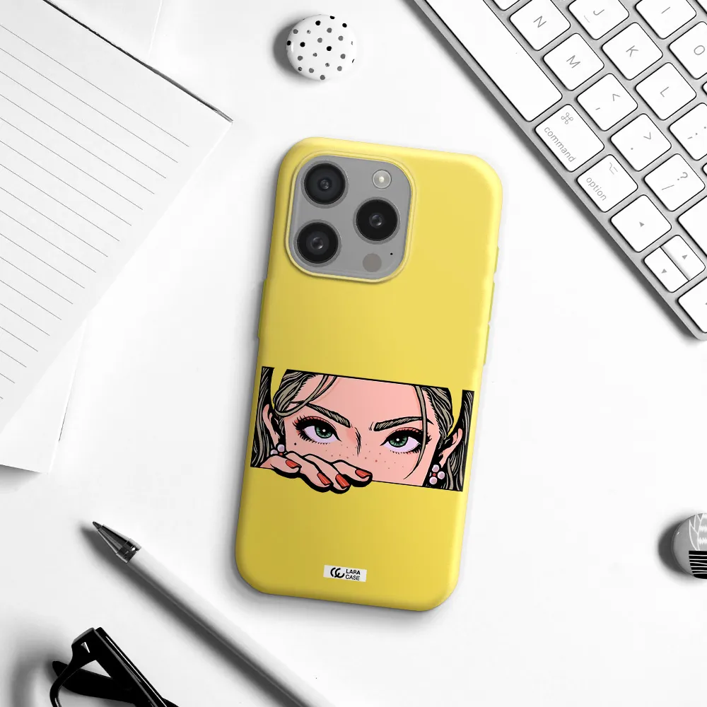 A Cartoon Of A Woman's Face Apple Iphone 15 Pro Silicone Canary Yellow Case