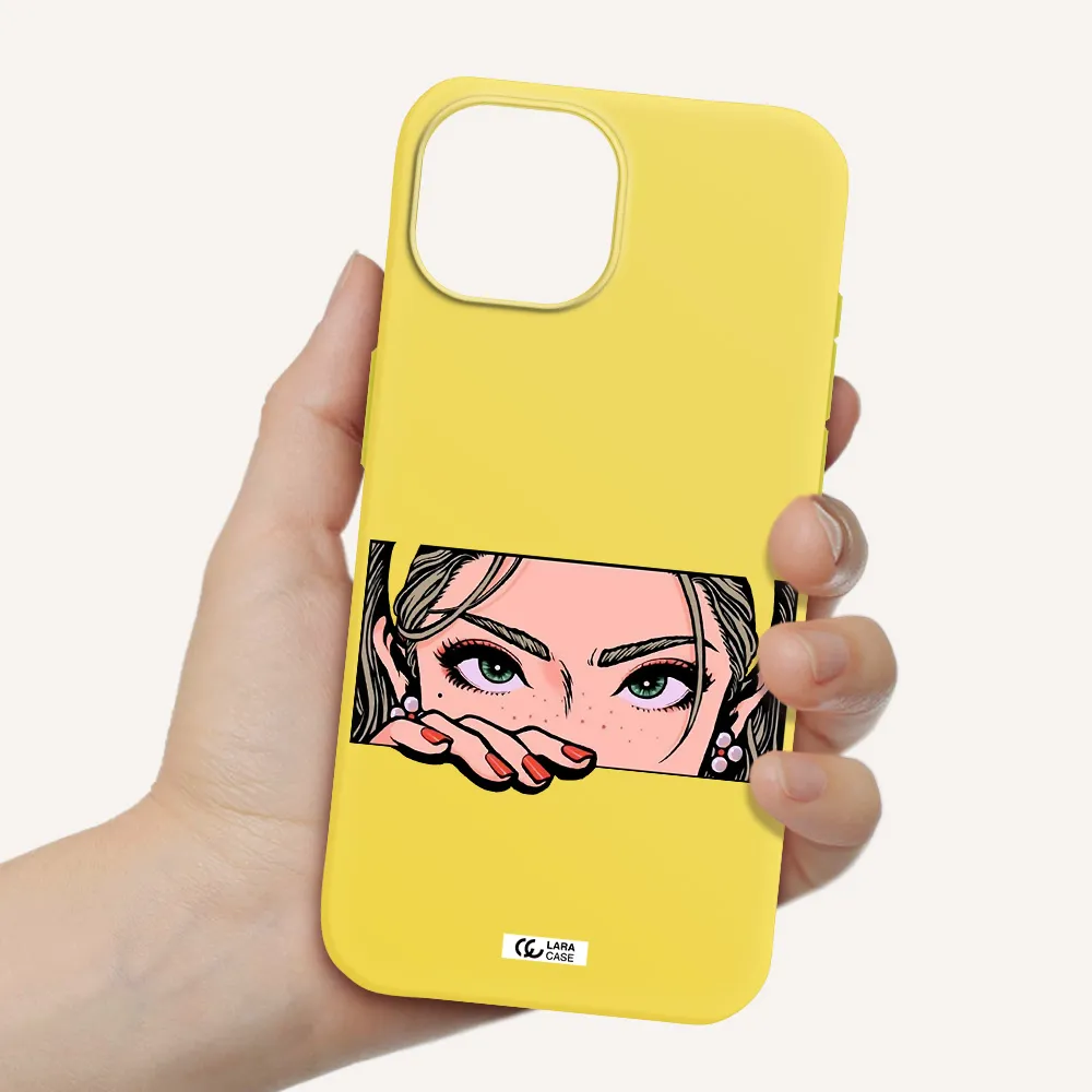 a cartoon of a woman's face Apple iPhone 15 Silicone canary yellow Case