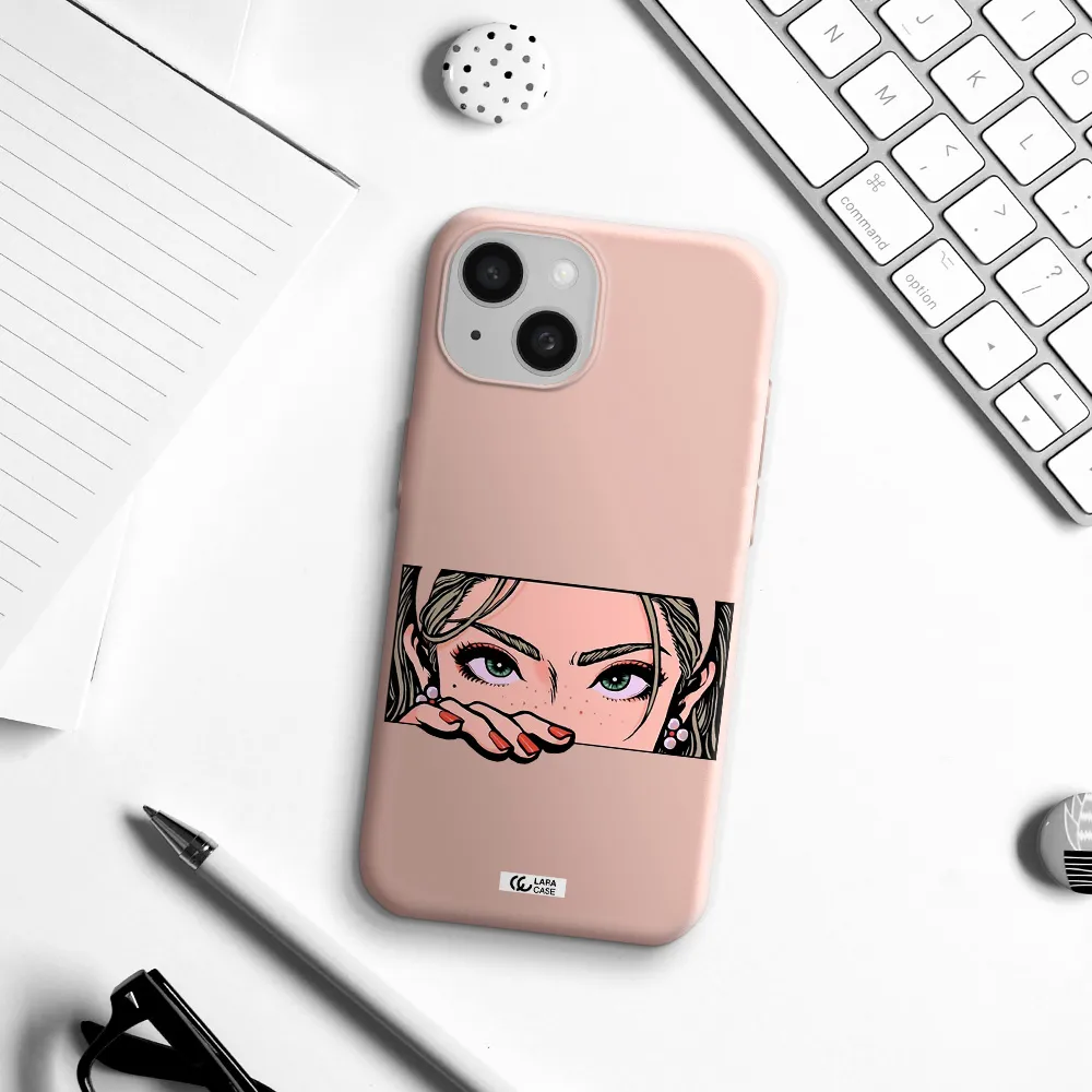 A Cartoon Of A Woman's Face Apple Iphone 15 Silicone Pastel Pink Case