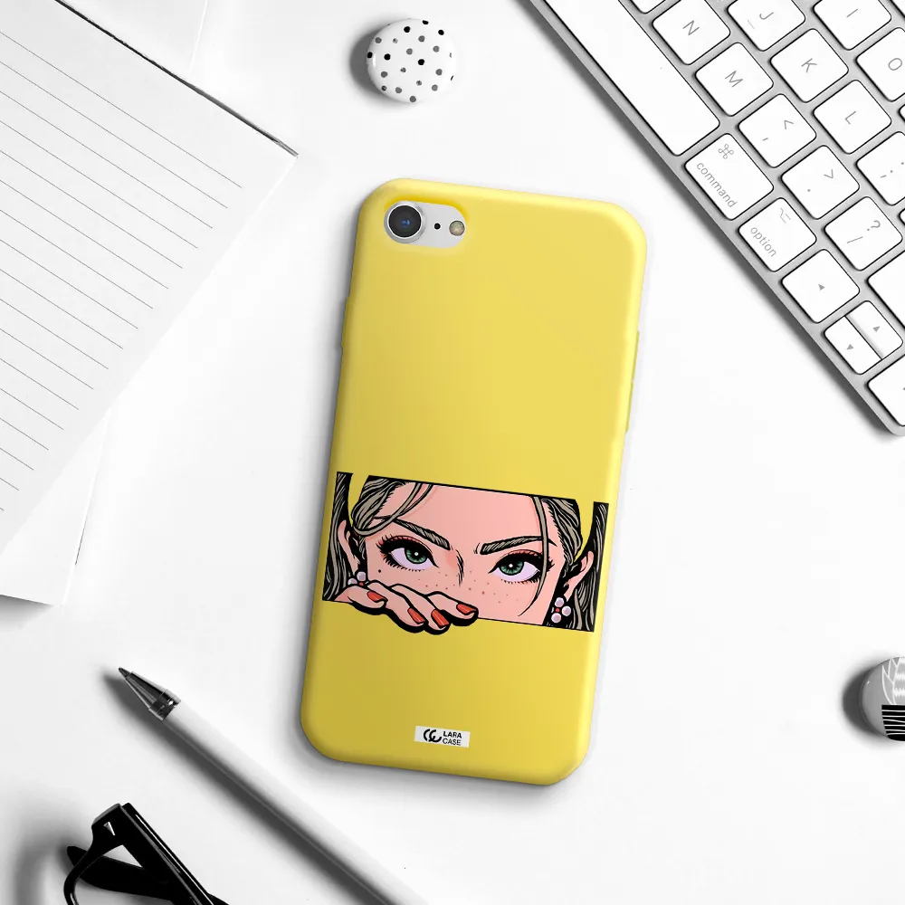 a cartoon of a woman's face Apple iPhone 8 Silicone canary yellow Case