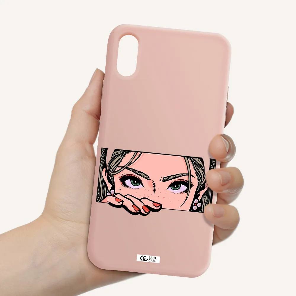 a cartoon of a woman's face Apple iPhone XS Silicone pastel pink Case