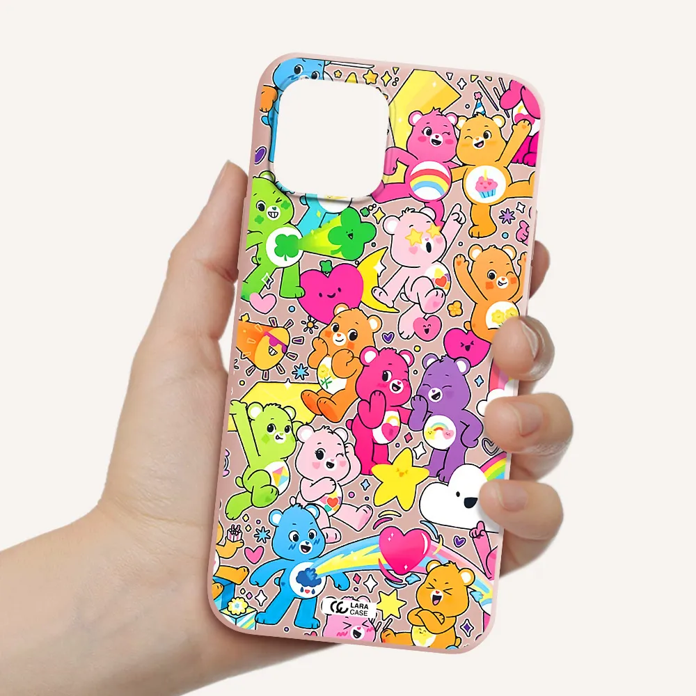 a pattern of cartoon bears Apple iPhone 12 Silicone pastel pink Case