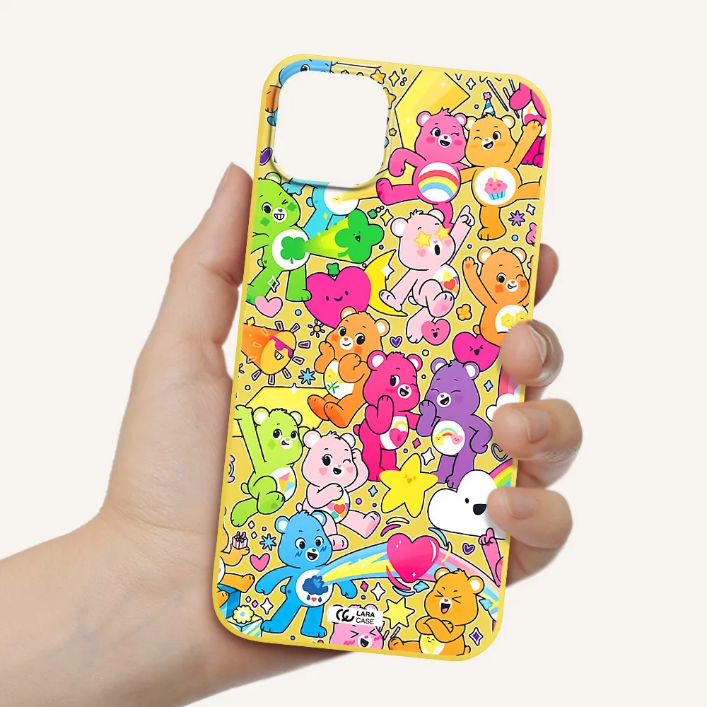a pattern of cartoon bears Apple iPhone 14 plus Silicone canary yellow Case