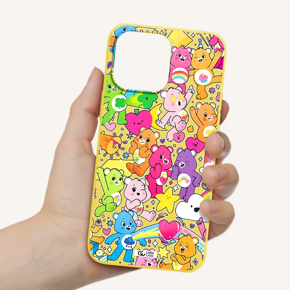 a pattern of cartoon bears Apple iPhone 14 pro Silicone canary yellow Case