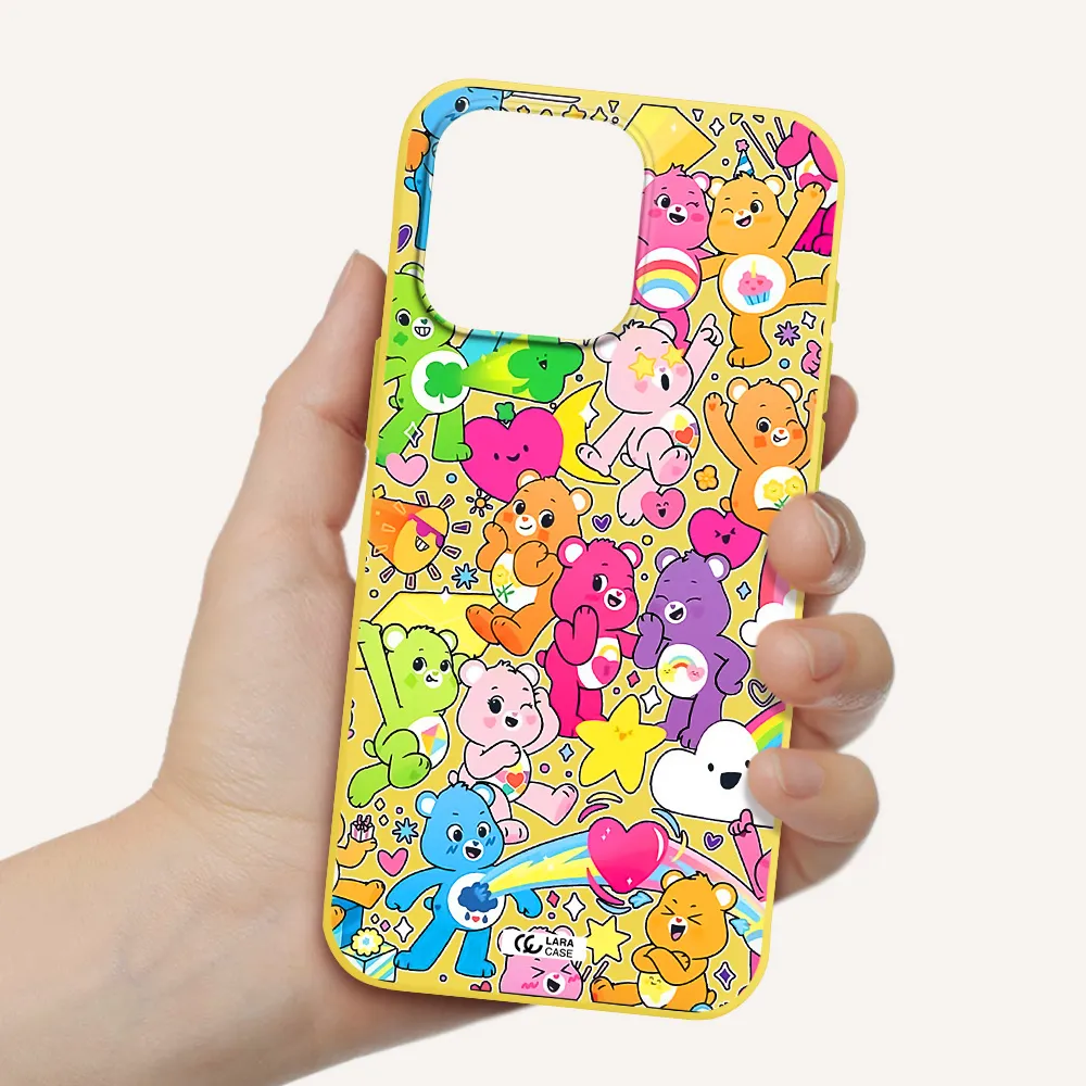 a pattern of cartoon bears Apple Iphone 15 Pro max Silicone canary yellow Case