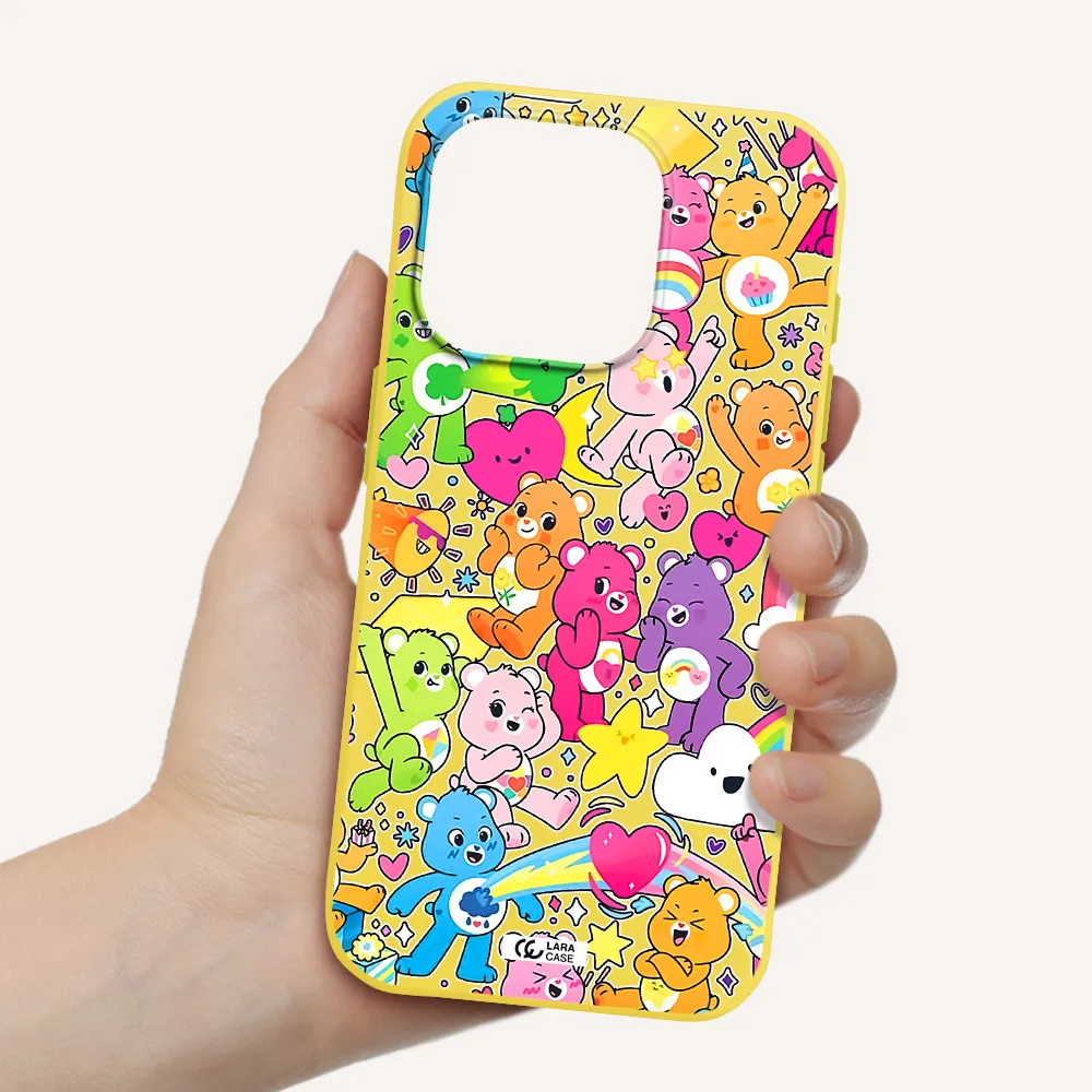A Pattern Of Cartoon Bears Apple Iphone 15 Pro Silicone Canary Yellow Case
