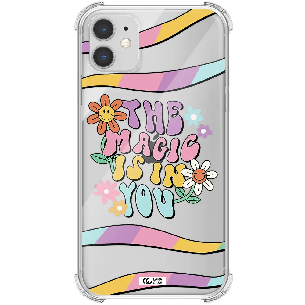 a cartoon text with flowers Apple iPhone 11 Clear PC Case