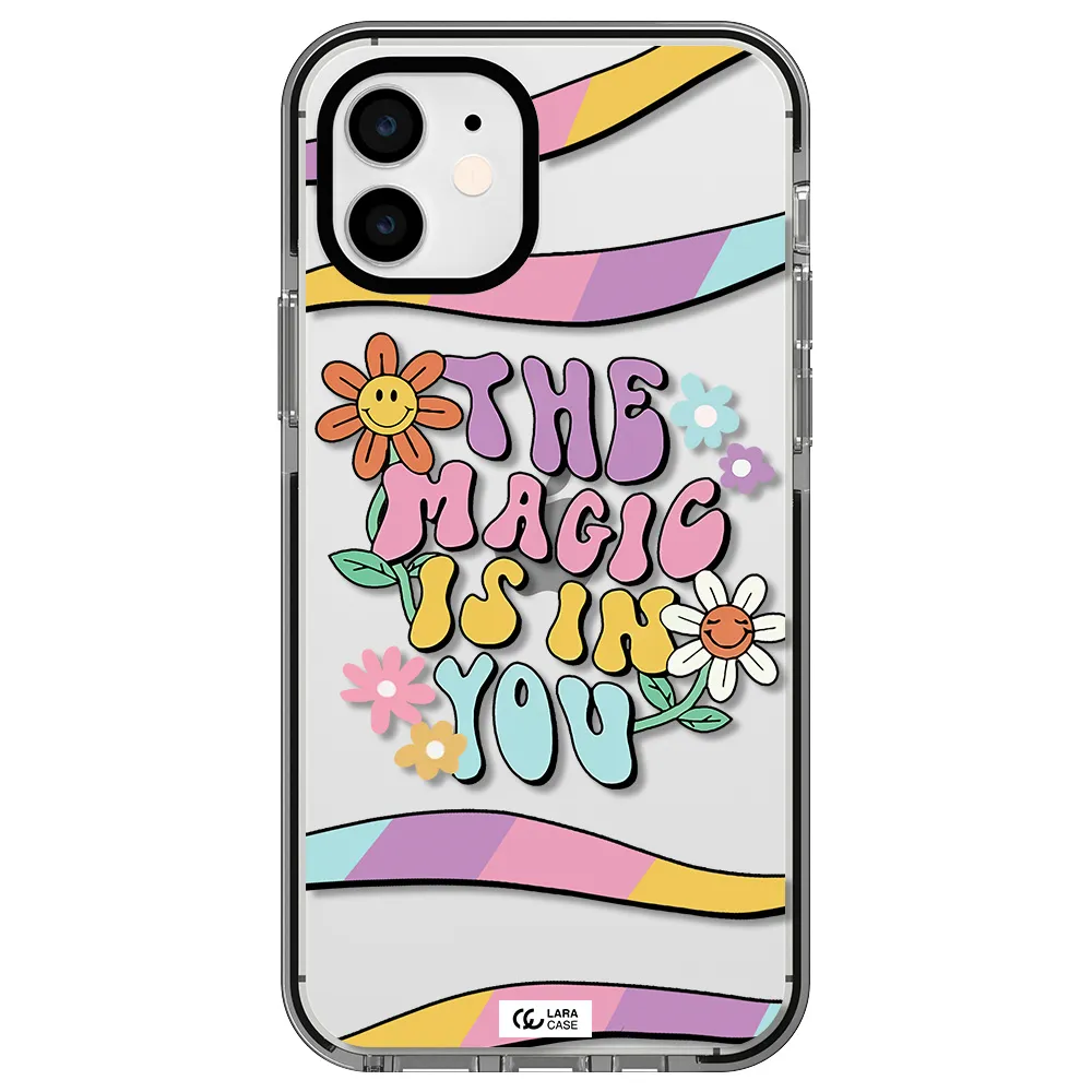 a cartoon text with flowers Apple iPhone 11 impact black border Case