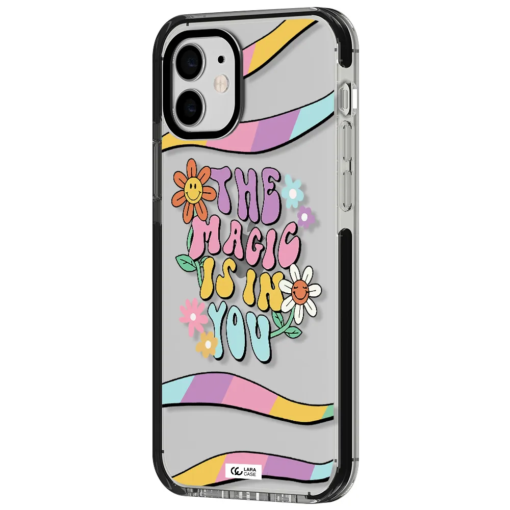 a cartoon text with flowers Apple iPhone 11 impact black border Case