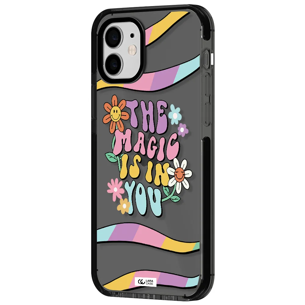 a cartoon text with flowers Apple iPhone 11 impact Smoke Black Case