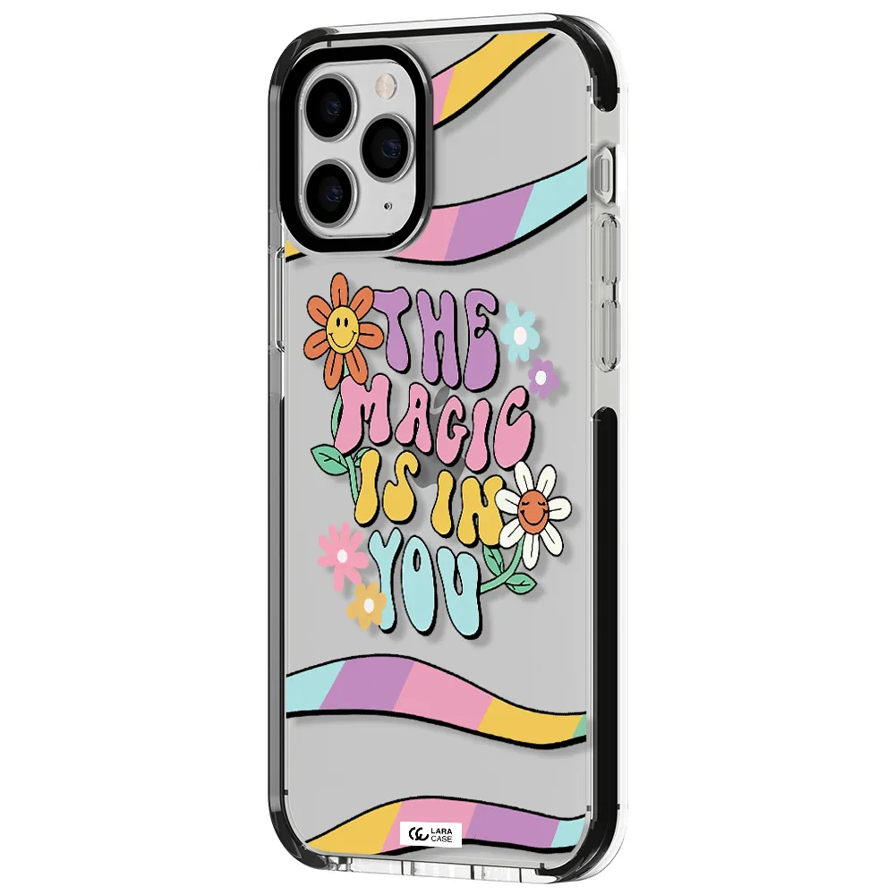 a cartoon text with flowers Apple iPhone 11 pro impact black border Case